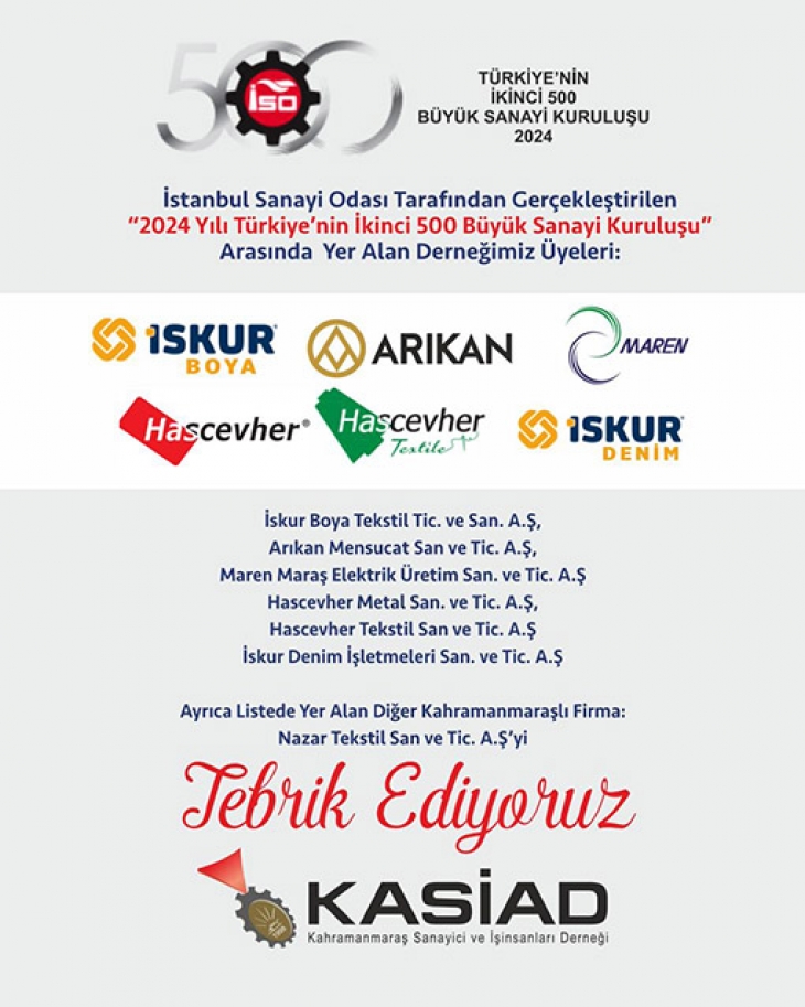 İSO İKİNCİ 500 LİSTESİNDE KASİAD ÜYELERİ